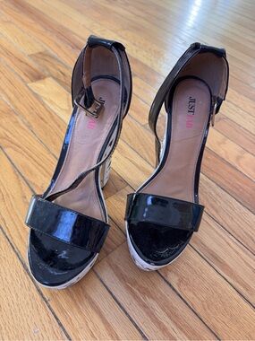 JustFab Black Patent Open Toe Ankle Strap Floral Block Heels